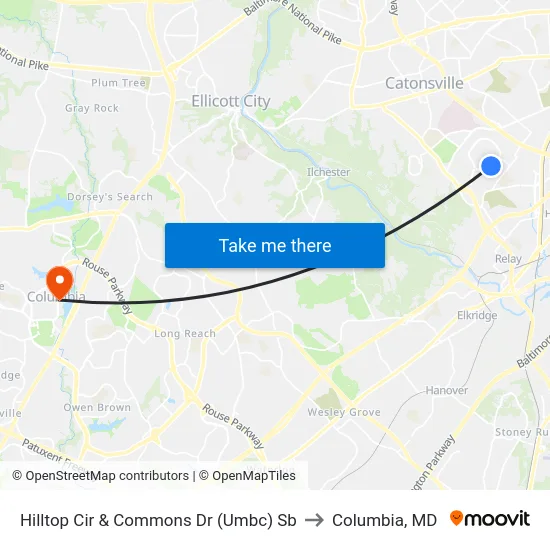 Hilltop Cir & Commons Dr (Umbc) Sb to Columbia, MD map