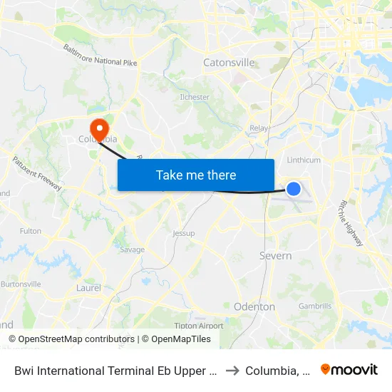 Bwi International Terminal Eb Upper Level to Columbia, MD map