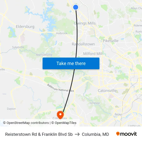Reisterstown Rd & Franklin Blvd Sb to Columbia, MD map