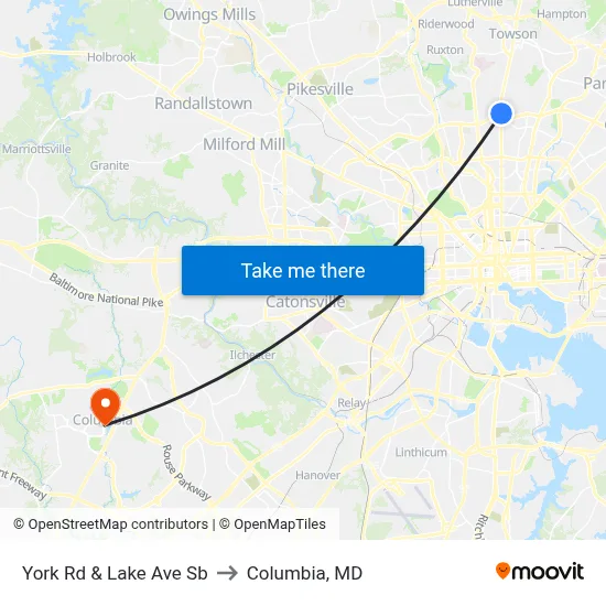 York Rd & Lake Ave Sb to Columbia, MD map