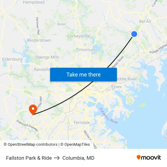 Fallston Park & Ride to Columbia, MD map