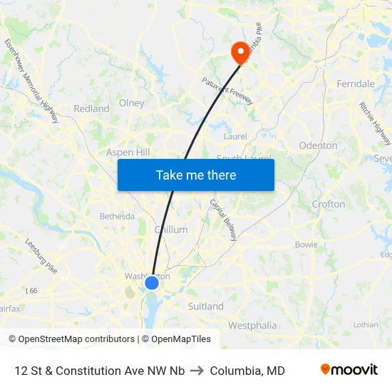12 St & Constitution Ave NW Nb to Columbia, MD map