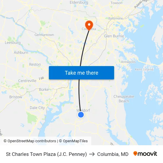 St Charles Town Plaza (J.C. Penney) to Columbia, MD map