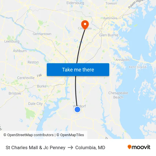 St Charles Mall & Jc Penney to Columbia, MD map
