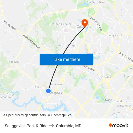 Scaggsville Park & Ride to Columbia, MD map