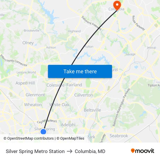Silver Spring Metro Station to Columbia, MD map