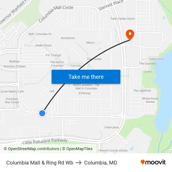 Columbia Mall & Ring Rd Wb to Columbia, MD map