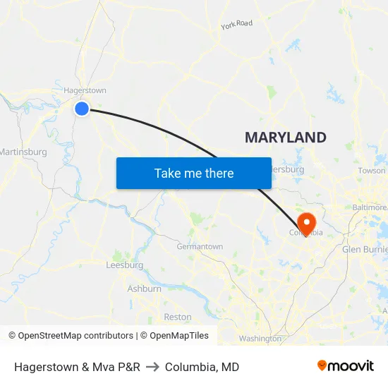 Hagerstown & Mva P&R to Columbia, MD map