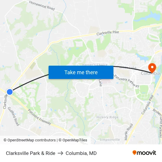 Clarksville Park & Ride to Columbia, MD map