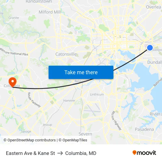 Eastern Ave & Kane St to Columbia, MD map