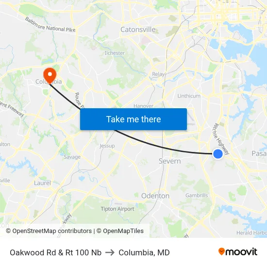 Oakwood Rd & Rt 100 Nb to Columbia, MD map