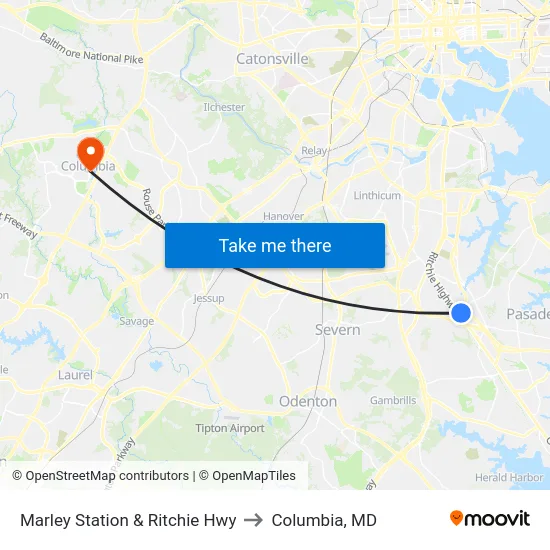 Marley Station & Ritchie Hwy to Columbia, MD map