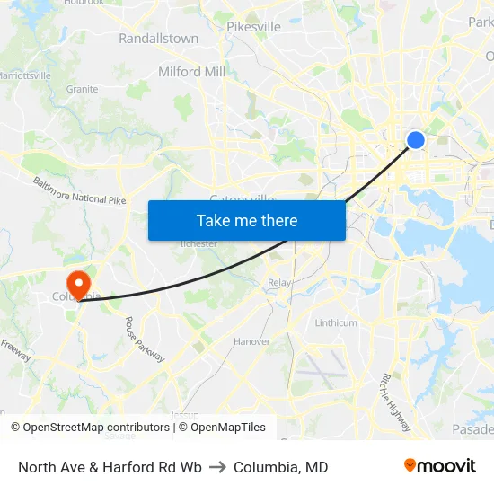 North Ave & Harford Rd Wb to Columbia, MD map