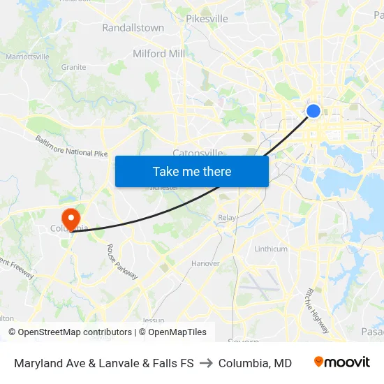 Maryland Ave & Lanvale & Falls FS to Columbia, MD map