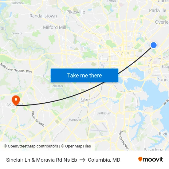 Sinclair Ln & Moravia Rd Ns Eb to Columbia, MD map