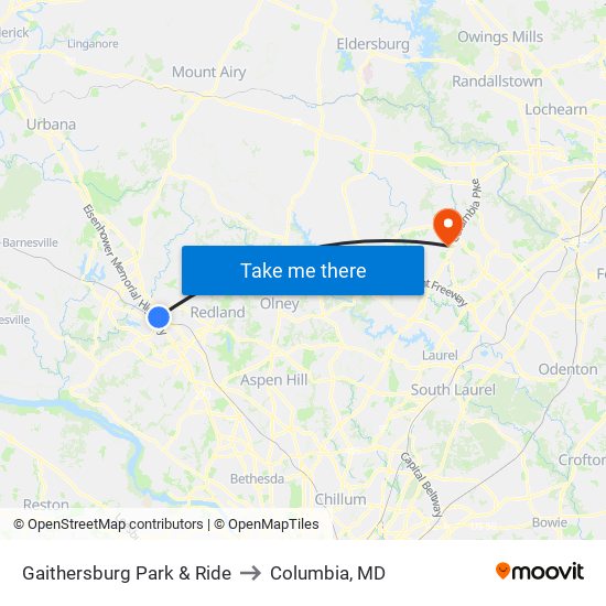 Gaithersburg Park & Ride to Columbia, MD map