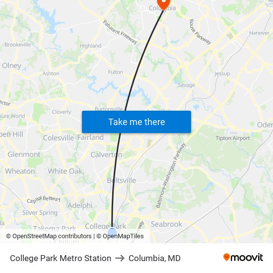 College Park Metro Station to Columbia, MD map