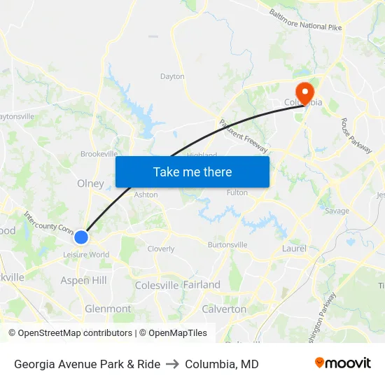 Georgia Avenue Park & Ride to Columbia, MD map