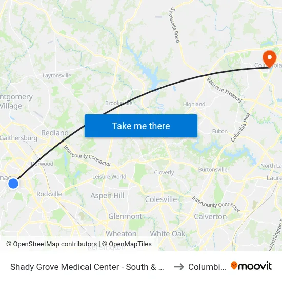 Shady Grove Medical Center - South & Medical Center Way to Columbia, MD map