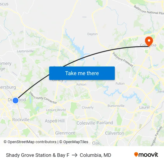 Shady Grove Station & Bay F to Columbia, MD map