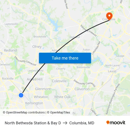 North Bethesda Station & Bay D to Columbia, MD map