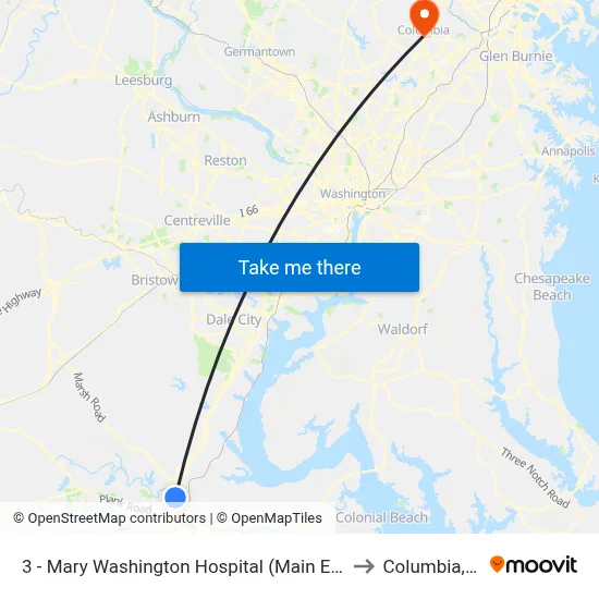 3 - Mary Washington Hospital (Main Entrance) to Columbia, MD map