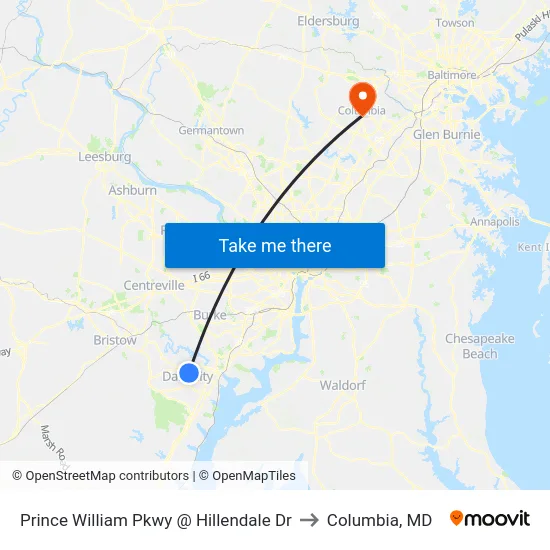Prince William Pkwy @ Hillendale Dr to Columbia, MD map