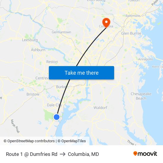 Route 1 @ Dumfries Rd to Columbia, MD map