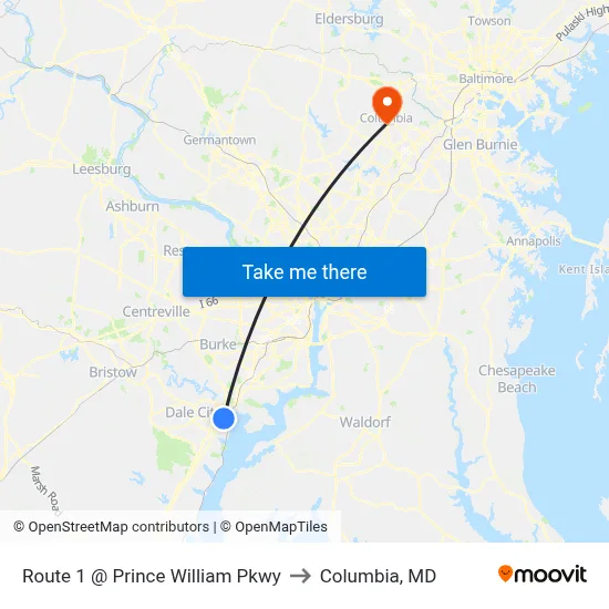 Route 1 @ Prince William Pkwy to Columbia, MD map