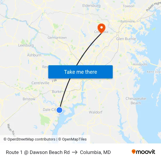 Route 1 @ Dawson Beach Rd to Columbia, MD map