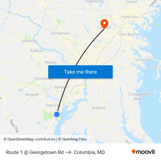 Route 1 @ Georgetown Rd to Columbia, MD map