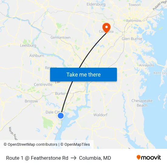 Route 1 @ Featherstone Rd to Columbia, MD map