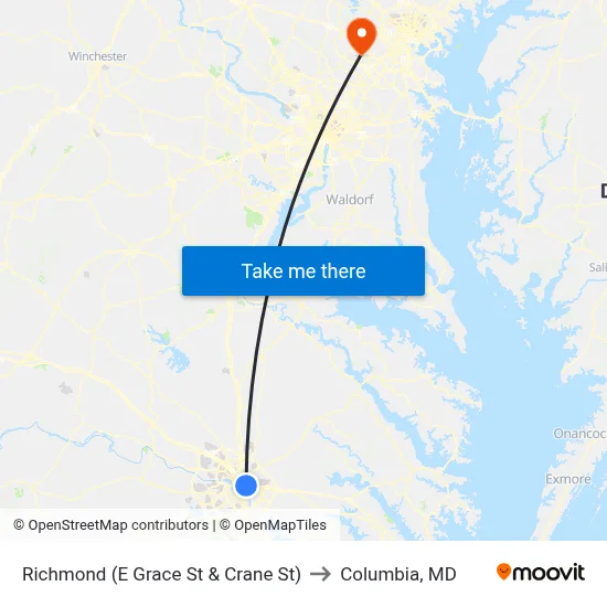 Richmond (E Grace St & Crane St) to Columbia, MD map