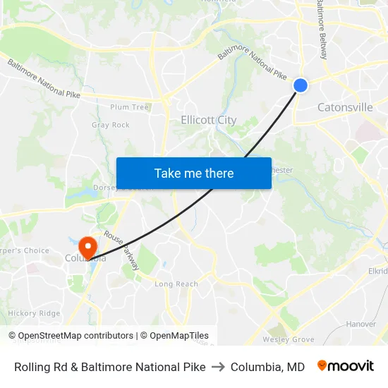 Rolling Rd & Baltimore National Pike to Columbia, MD map