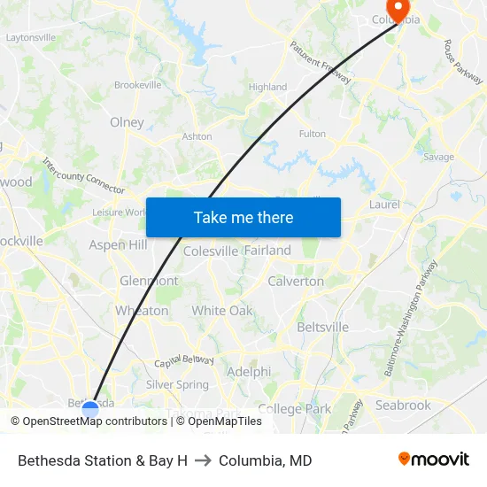 Bethesda Station & Bay H to Columbia, MD map