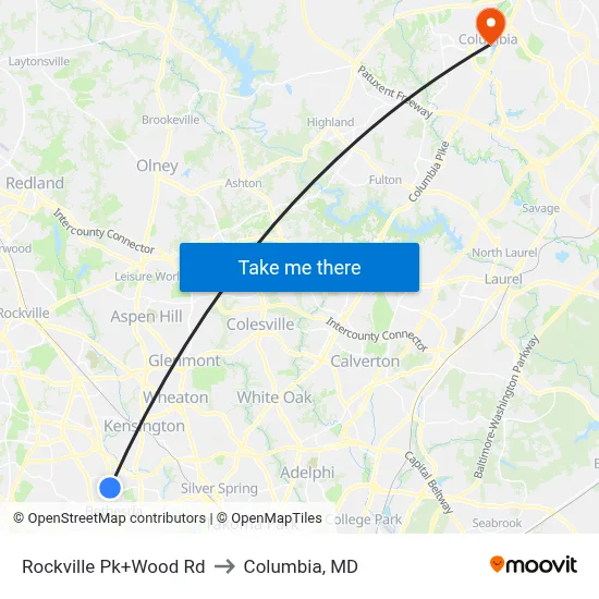 Rockville Pk+Wood Rd to Columbia, MD map