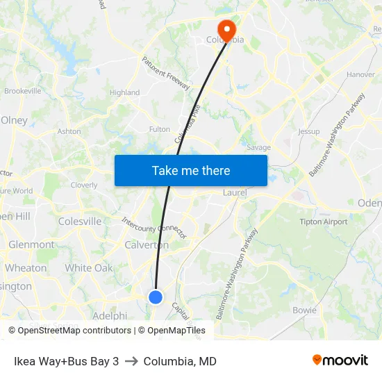 Ikea Way+Bus Bay 3 to Columbia, MD map
