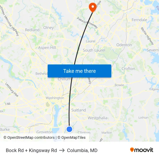 Bock Rd + Kingsway Rd to Columbia, MD map