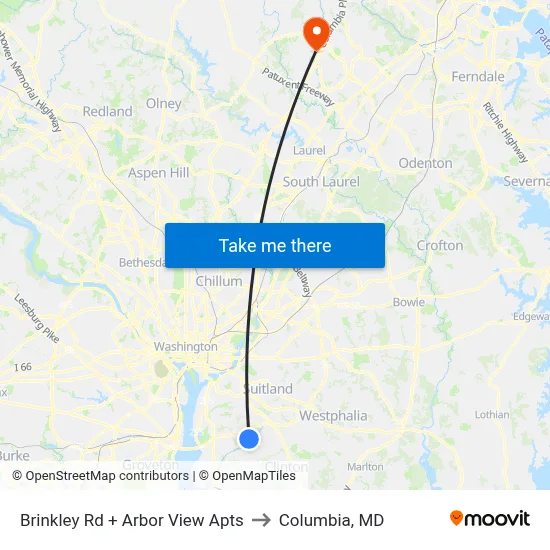 Brinkley Rd + Arbor View Apts to Columbia, MD map