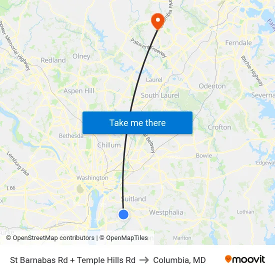 St Barnabas Rd + Temple Hills Rd to Columbia, MD map