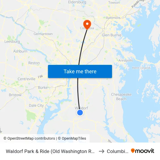 Waldorf Park & Ride (Old Washington Rd. & Smallwood Dr.) to Columbia, MD map