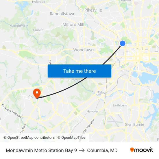 Mondawmin Metro Station Bay 9 to Columbia, MD map