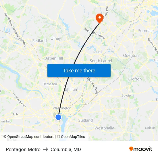 Pentagon Metro to Columbia, MD map