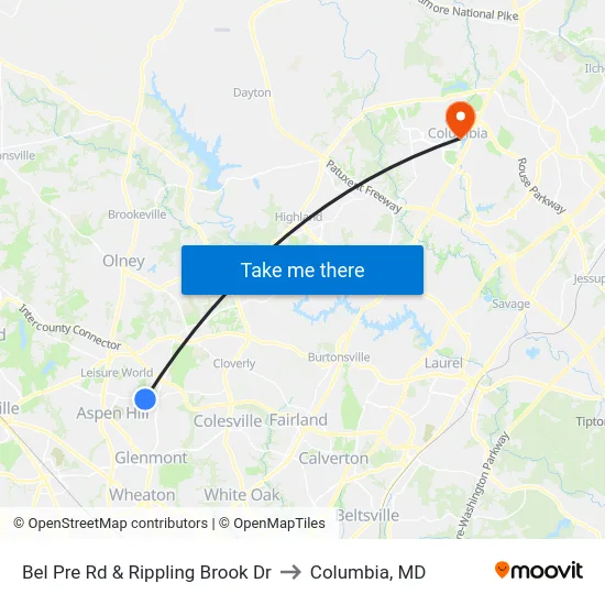 Bel Pre Rd & Rippling Brook Dr to Columbia, MD map