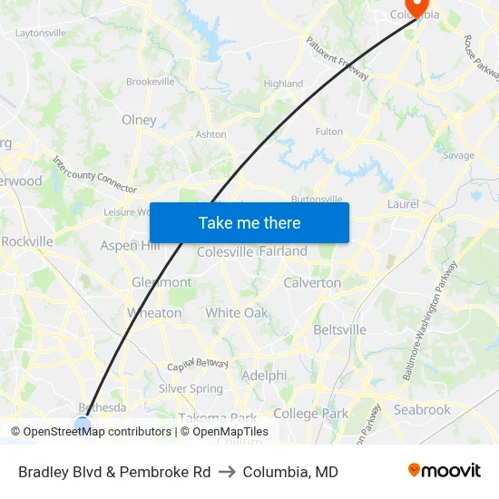 Bradley Blvd & Pembroke Rd to Columbia, MD map