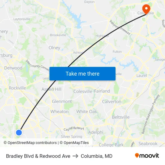 Bradley Blvd & Redwood Ave to Columbia, MD map