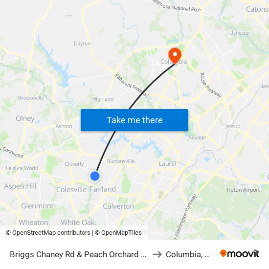 Briggs Chaney Rd & Peach Orchard Rd to Columbia, MD map