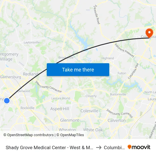 Shady Grove Medical Center - West & Medical Center Way to Columbia, MD map
