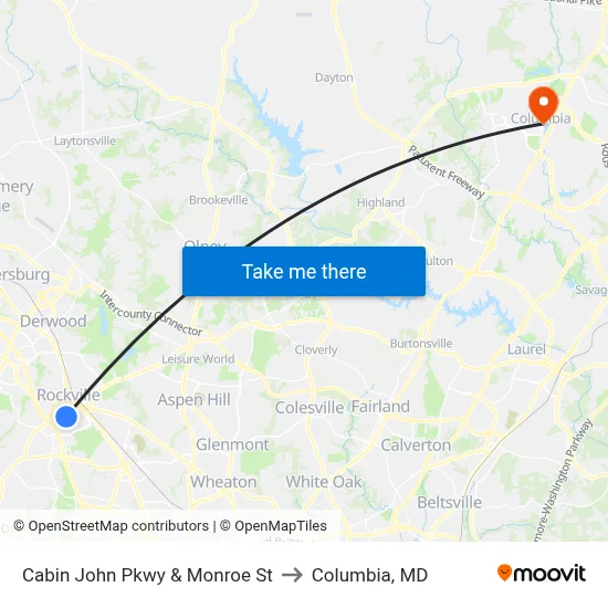 Cabin John Pkwy & Monroe St to Columbia, MD map