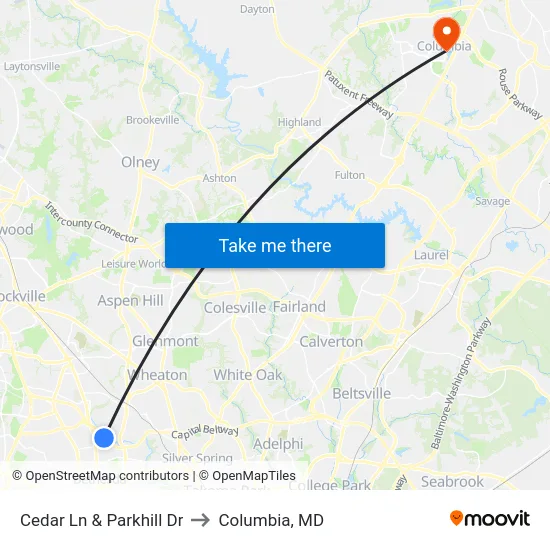 Cedar Ln & Parkhill Dr to Columbia, MD map